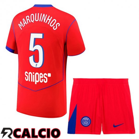 Terza Maglia Paris PSG (Marquinhos 5) Bambino Rosso 2025/2026
