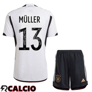 Prima Maglia Germania (MÜLLER 13) Bambino Nero Bianco Coppa del Mondo 2022